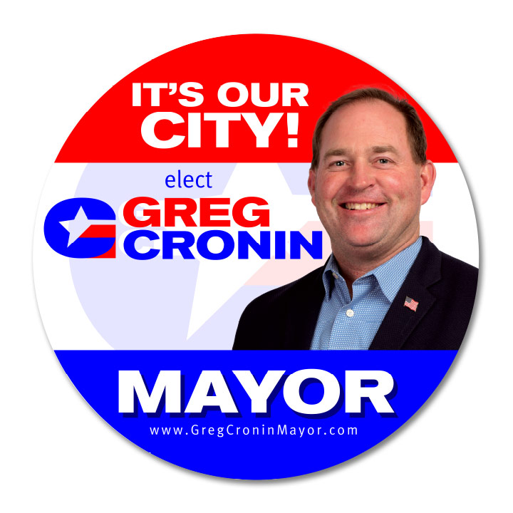 Greg Cronin Yard Sign. Reads: It's our city! Elect Greg Cronin Mayor, www.gregcroninmayor.com