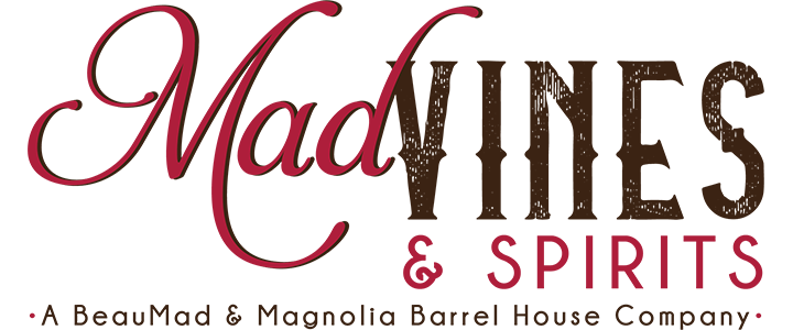 Mad Vines & Spirits, a Beau mad & magnolia barrel house company logo