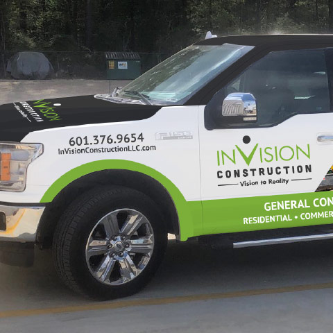 Close up of the Invision Construction Truck Wrap